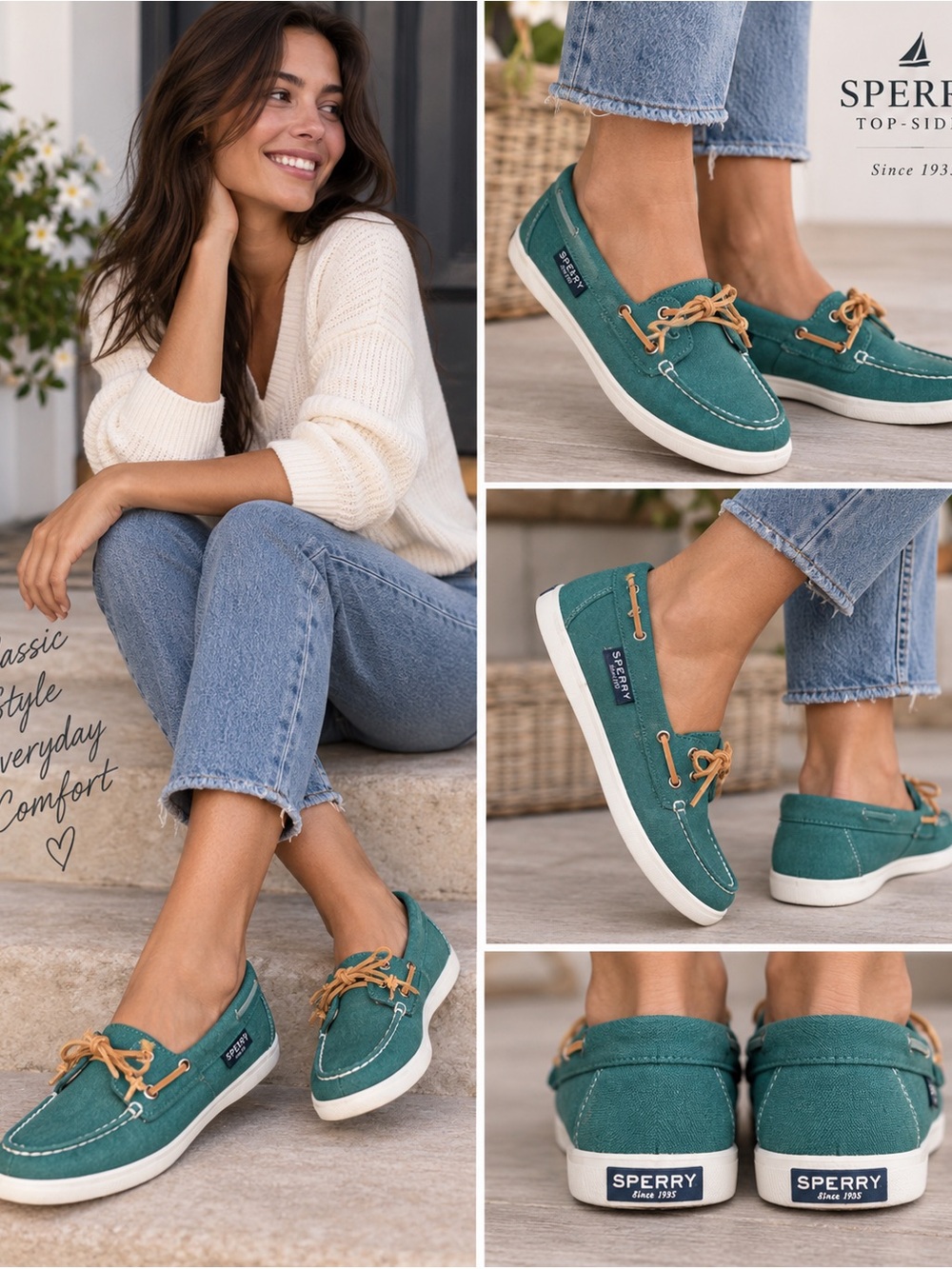 Sperry Women's Teal Canvas Moccasins with Tan Laces